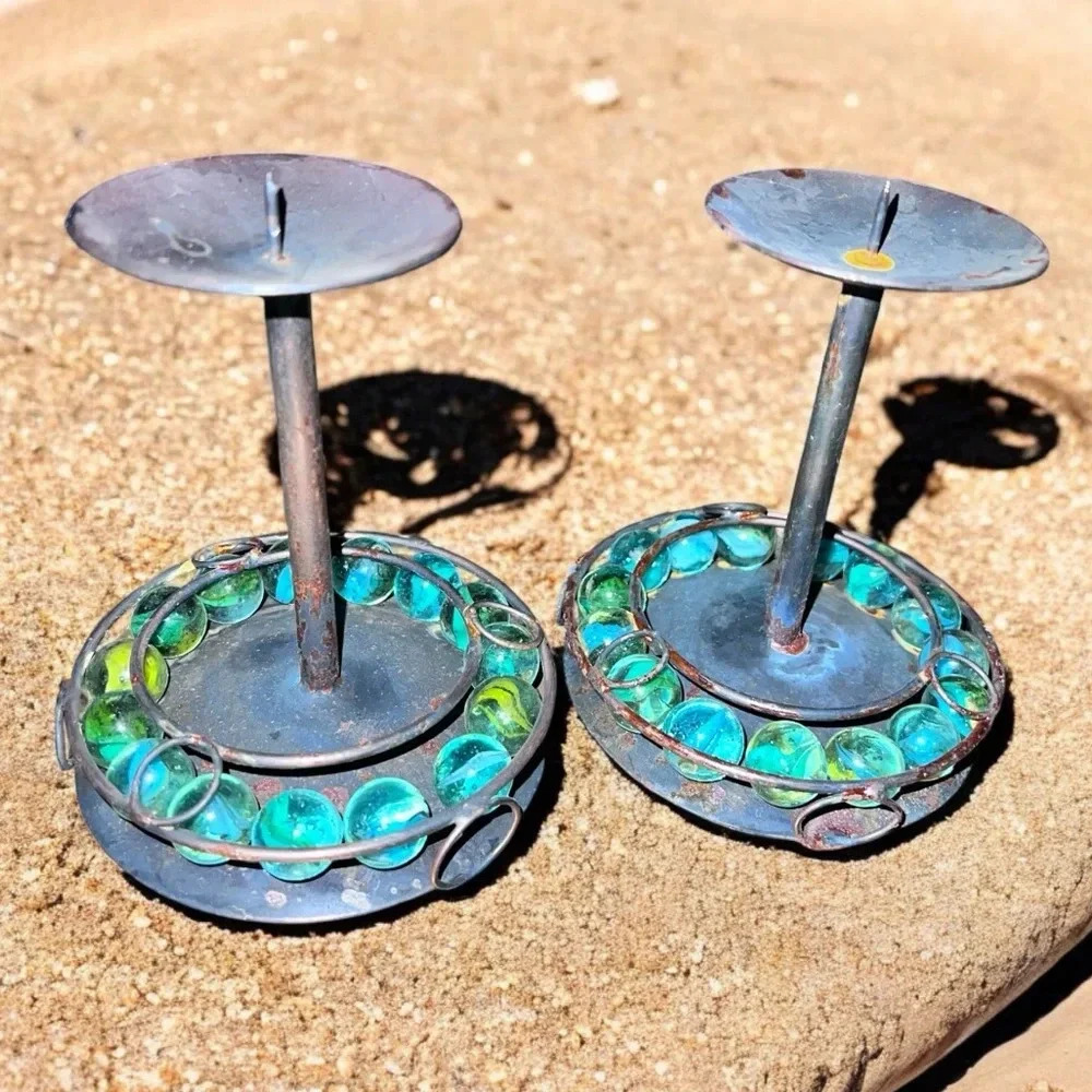 Vintage Set of 2 Metal Candle Holders Made with Cats Eye Glass Marbles